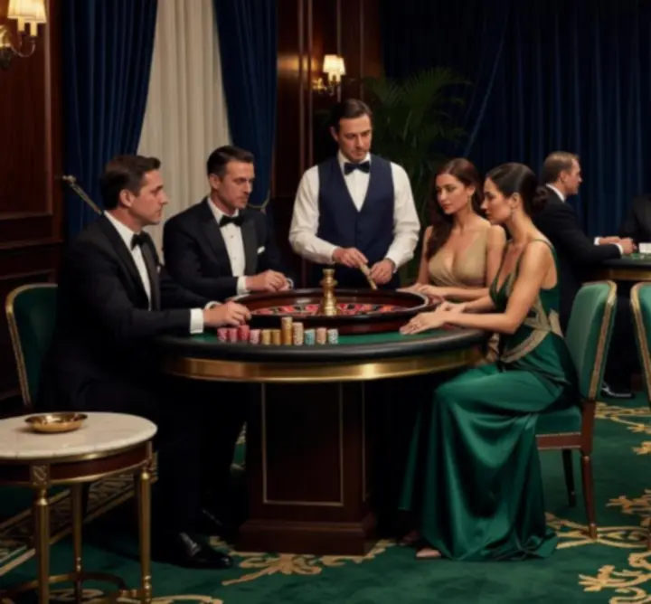 Ekskluzivna večer kasina s elegantno odjevenim gostima i stolnim igrama.