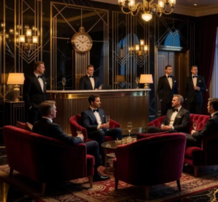 Večernji pogled na elegantan lobby hotela s luksuznim ambijentom.