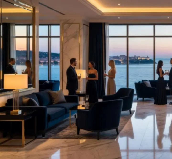 Luksuzno hotelsko predvorje s elegantnom večernjom rasvjetom